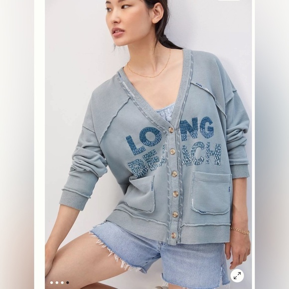 Pilcro Varsity Knit Cardigan Sweater Size S Oversized V Neck Casual Coastal Blue - Picture 1 of 15